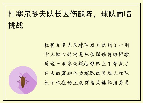 杜塞尔多夫队长因伤缺阵，球队面临挑战