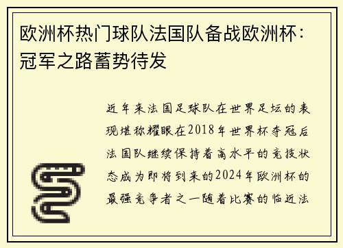欧洲杯热门球队法国队备战欧洲杯：冠军之路蓄势待发