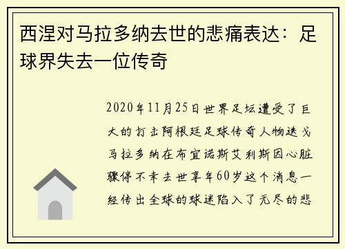 西涅对马拉多纳去世的悲痛表达：足球界失去一位传奇