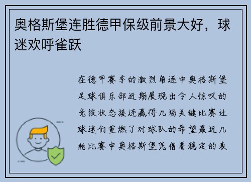 奥格斯堡连胜德甲保级前景大好，球迷欢呼雀跃
