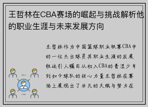 王哲林在CBA赛场的崛起与挑战解析他的职业生涯与未来发展方向