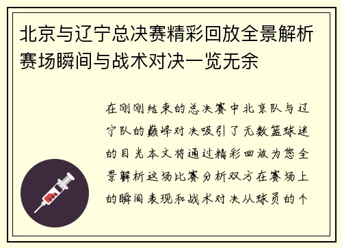 北京与辽宁总决赛精彩回放全景解析赛场瞬间与战术对决一览无余