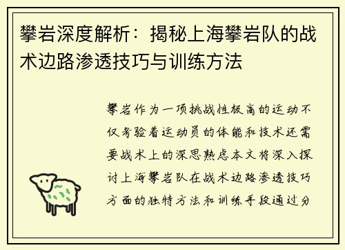 攀岩深度解析：揭秘上海攀岩队的战术边路渗透技巧与训练方法