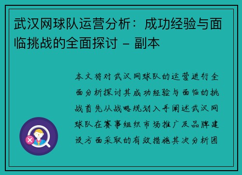 武汉网球队运营分析：成功经验与面临挑战的全面探讨 - 副本
